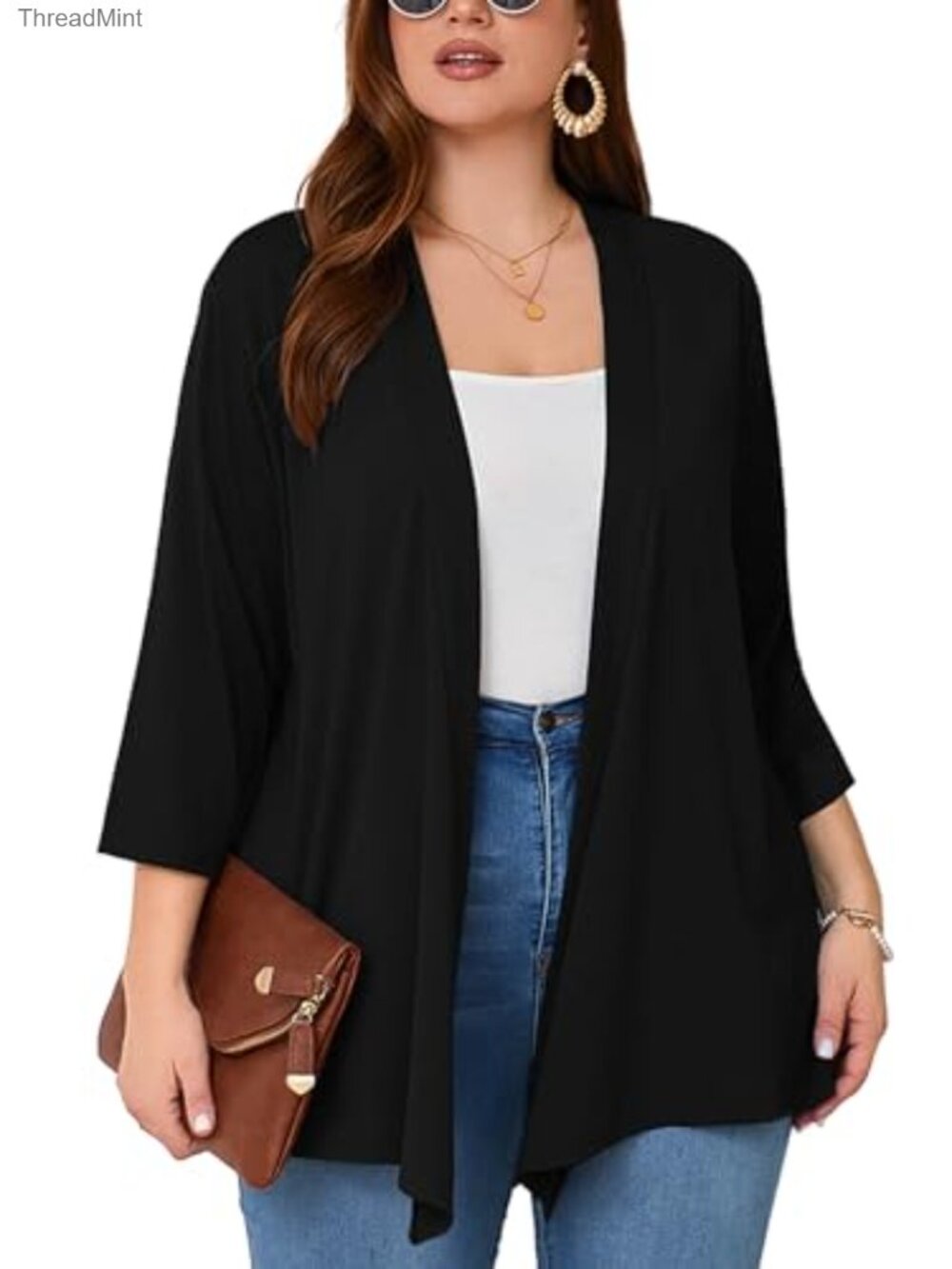 Plus Size Lightweight Open Front Cardigan 3/4 Sleeve Kimono Wrap